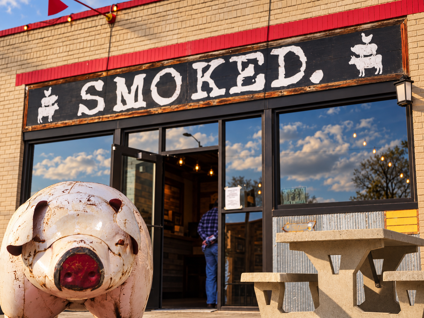 The SMOKED. storefront in Great Falls with its pig statue and outdoor picnic tables